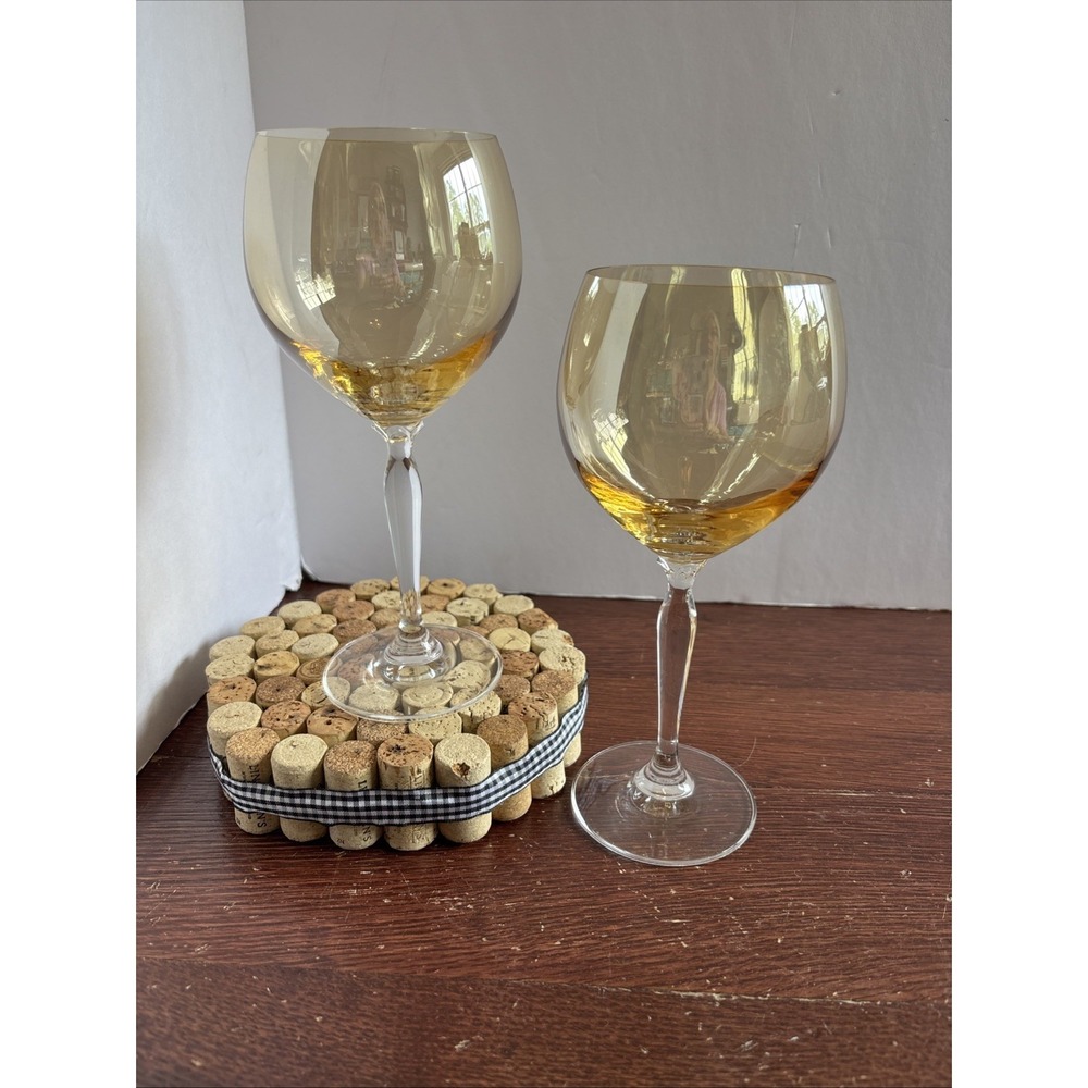 Pier 1 Amber Golden Large Balloon Wine Glasses Clear Stem Set Of 2 8.5" 15oz